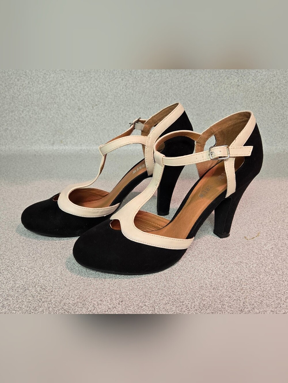 Chelsea Crew Two-Tone T-Strap High Heels - Black and Cream, Size 8